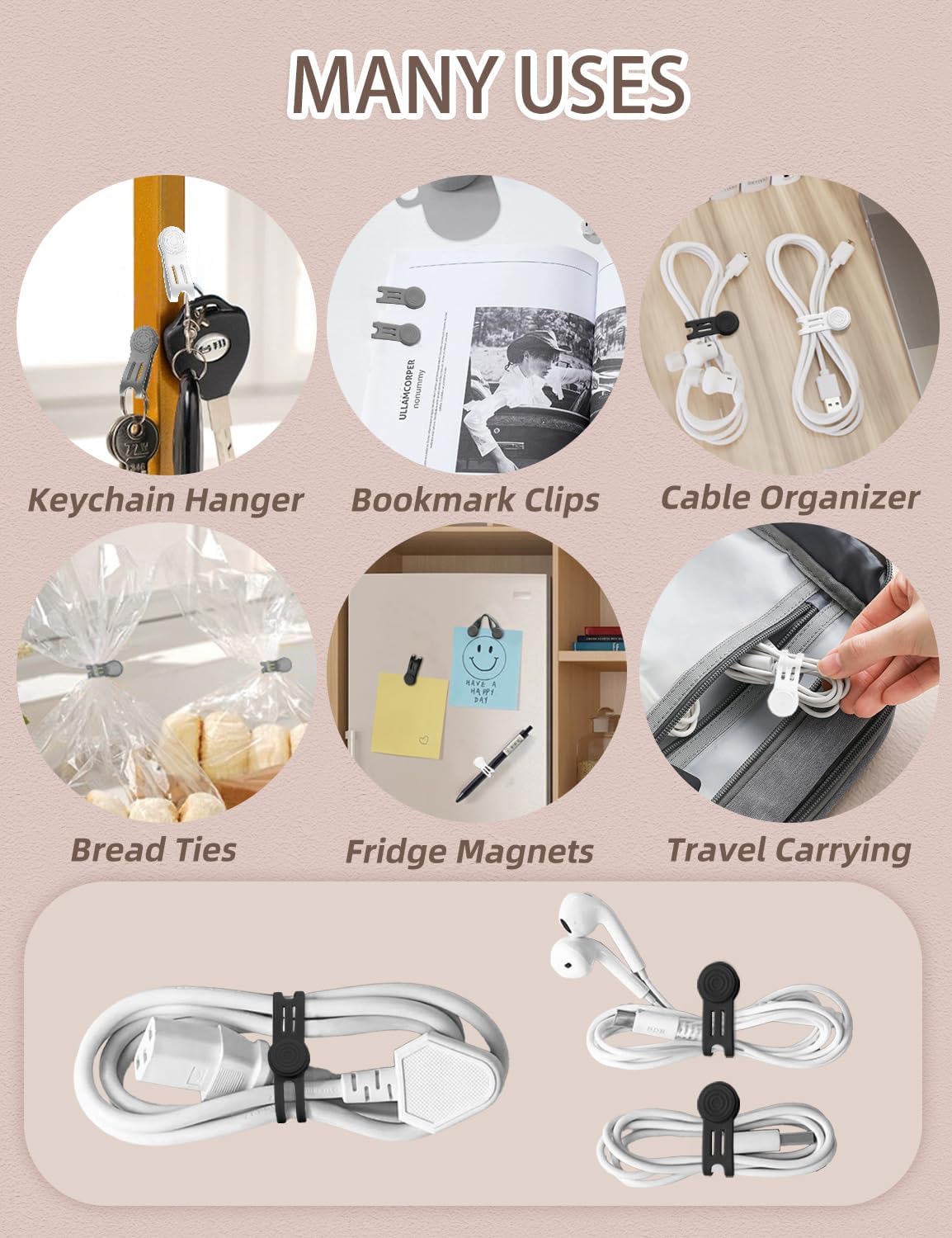 Kanemc 8 Pack Magnetic Twist Ties, Silicone Cord Organizer Magnet Reusable Cable Straps For USB Earphone Charger Video Computer Cables (4Black+2White+2Grey)