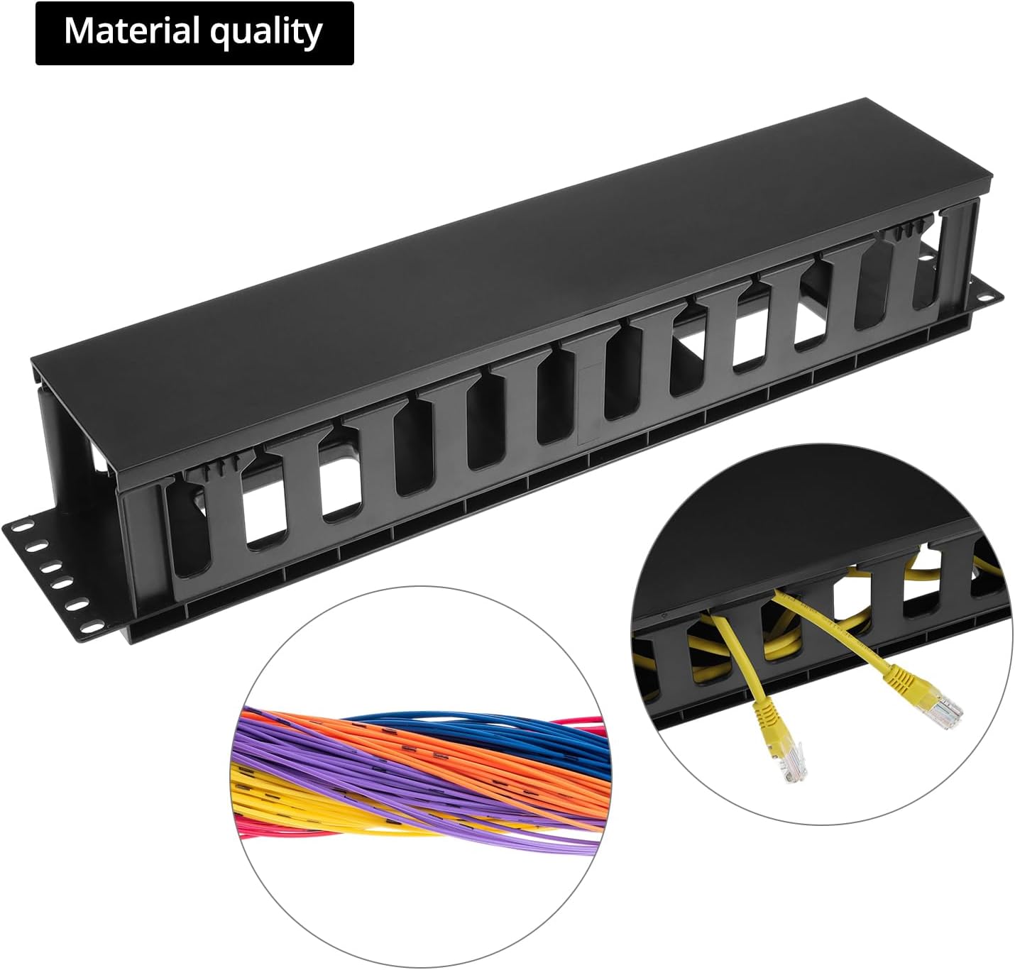 QWORK 4 Pack 2U Horizontal Rack Mount Cable Management Organizer, 19x3.5x3.4 Inches, Black Quality Plastic with 12 Slots