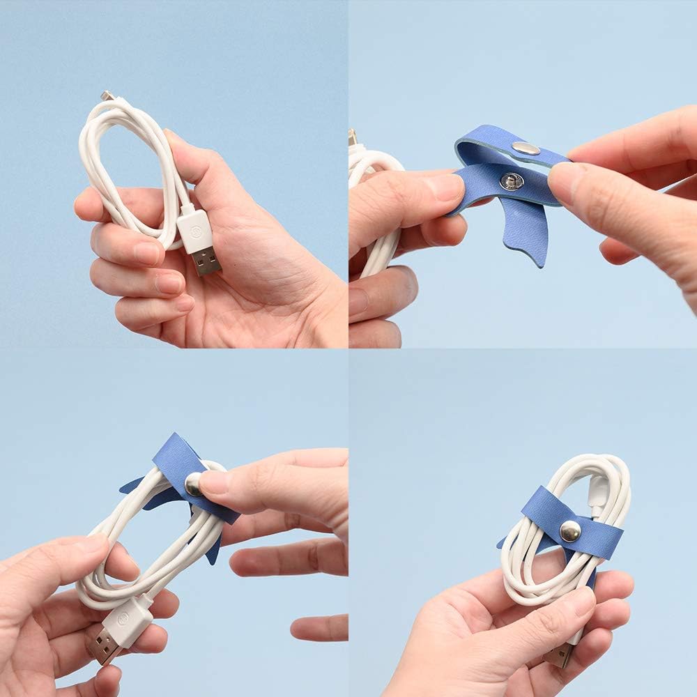 SenseAGE 5 Pack Cord Organizer, Bow Cord Keeper, Cable Organizer USB Holder, Leather Cable Management, Cable Straps, Earphone Winder, Storage Straps for Electronics, Earbuds, Small, Random Blue
