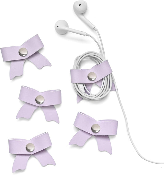SenseAGE 5 Pack Cord Organizer, Bow Cord Keeper, Cable Organizer USB Holder, Leather Cable Management, Cable Straps, Earphone Winder, Storage Straps for Electronics, Earbuds, Small, Purple