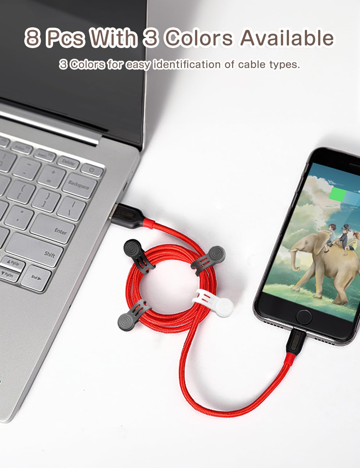 Kanemc 8 Pack Magnetic Twist Ties, Silicone Cord Organizer Magnet Reusable Cable Straps For USB Earphone Charger Video Computer Cables (4Black+2White+2Grey)