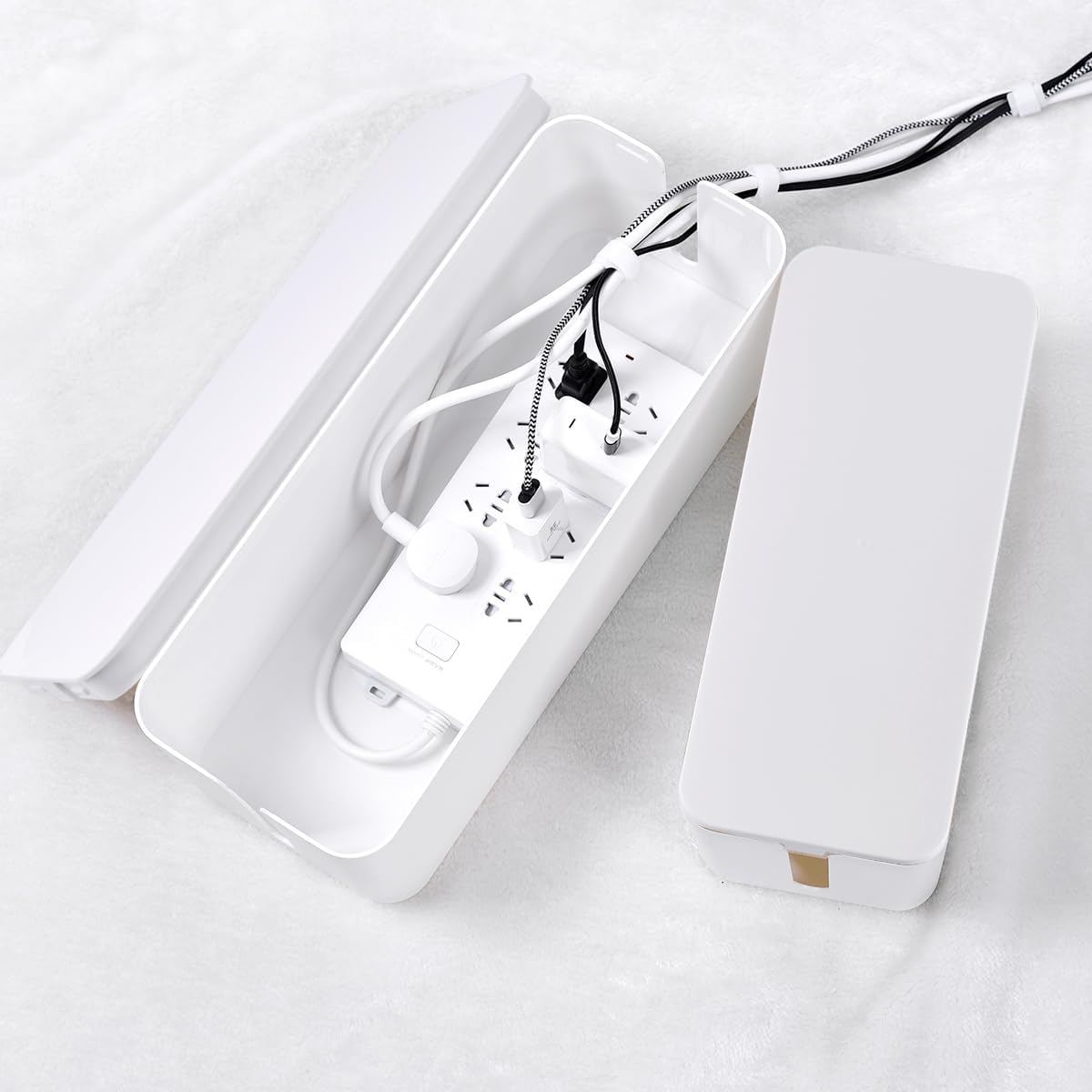 Cable Management Box, 2 Pack Large & Medium Cable Organizer Box with 17 PCS Cable Management Set, Cord Organizer Box to Hide Surge Protector on Desk or Floor (White)