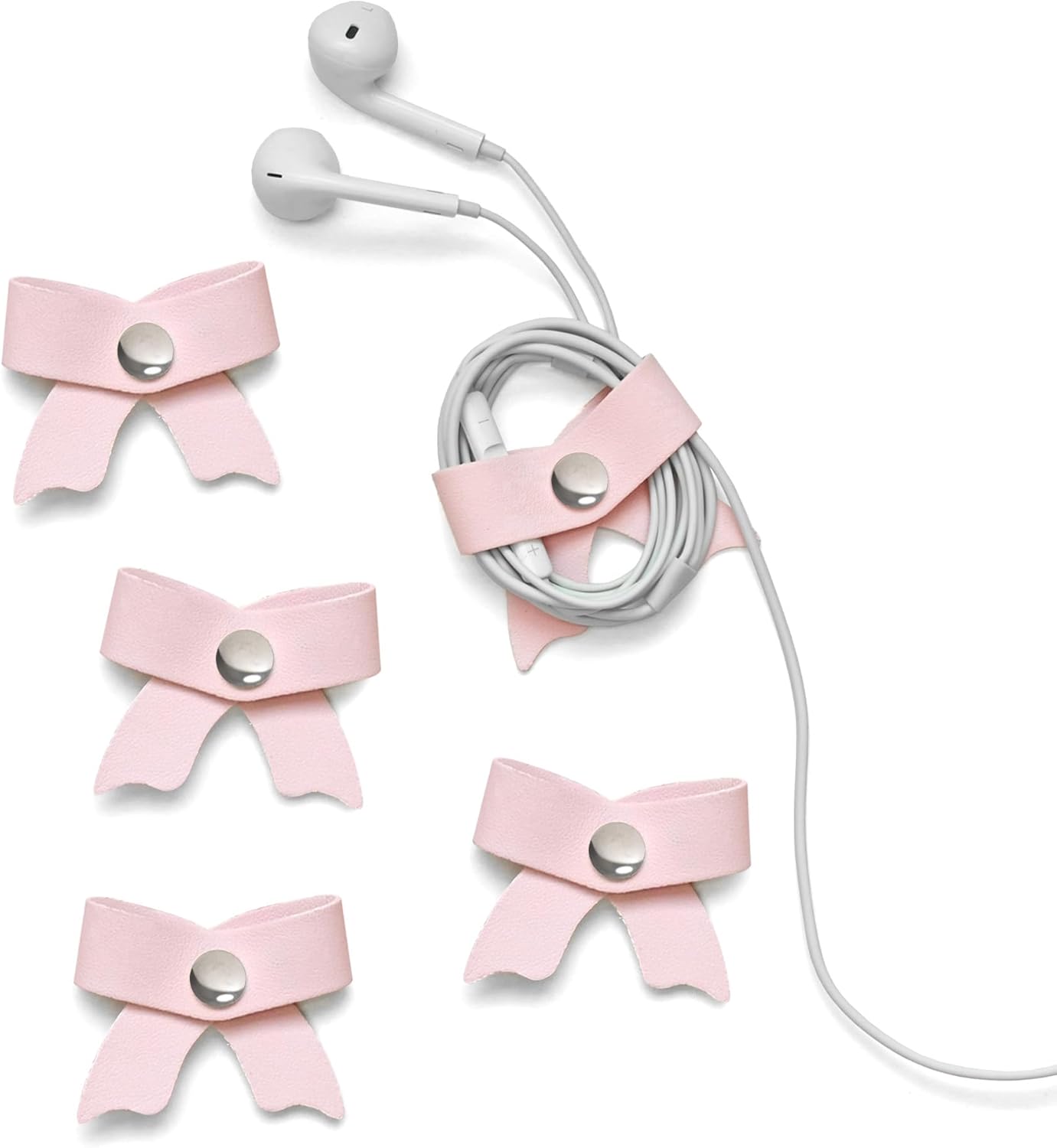 SenseAGE 5 Pack Cord Organizer, Bow Cord Keeper, Cable Organizer USB Holder, Leather Cable Management, Cable Straps, Earphone Winder, Storage Straps for Electronics, Earbuds, Small, Pink
