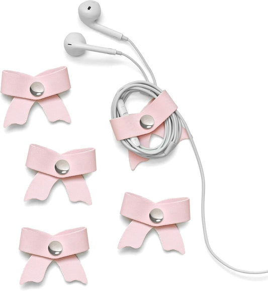SenseAGE 5 Pack Cord Organizer, Bow Cord Keeper, Cable Organizer USB Holder, Leather Cable Management, Cable Straps, Earphone Winder, Storage Straps for Electronics, Earbuds, Small, Pink