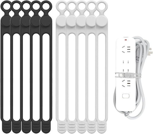 Silicone Cable Straps, 10pcs Extra-Long Reusable Hanging Organizer for Cables, Kitchen, Home, School (Black & White)