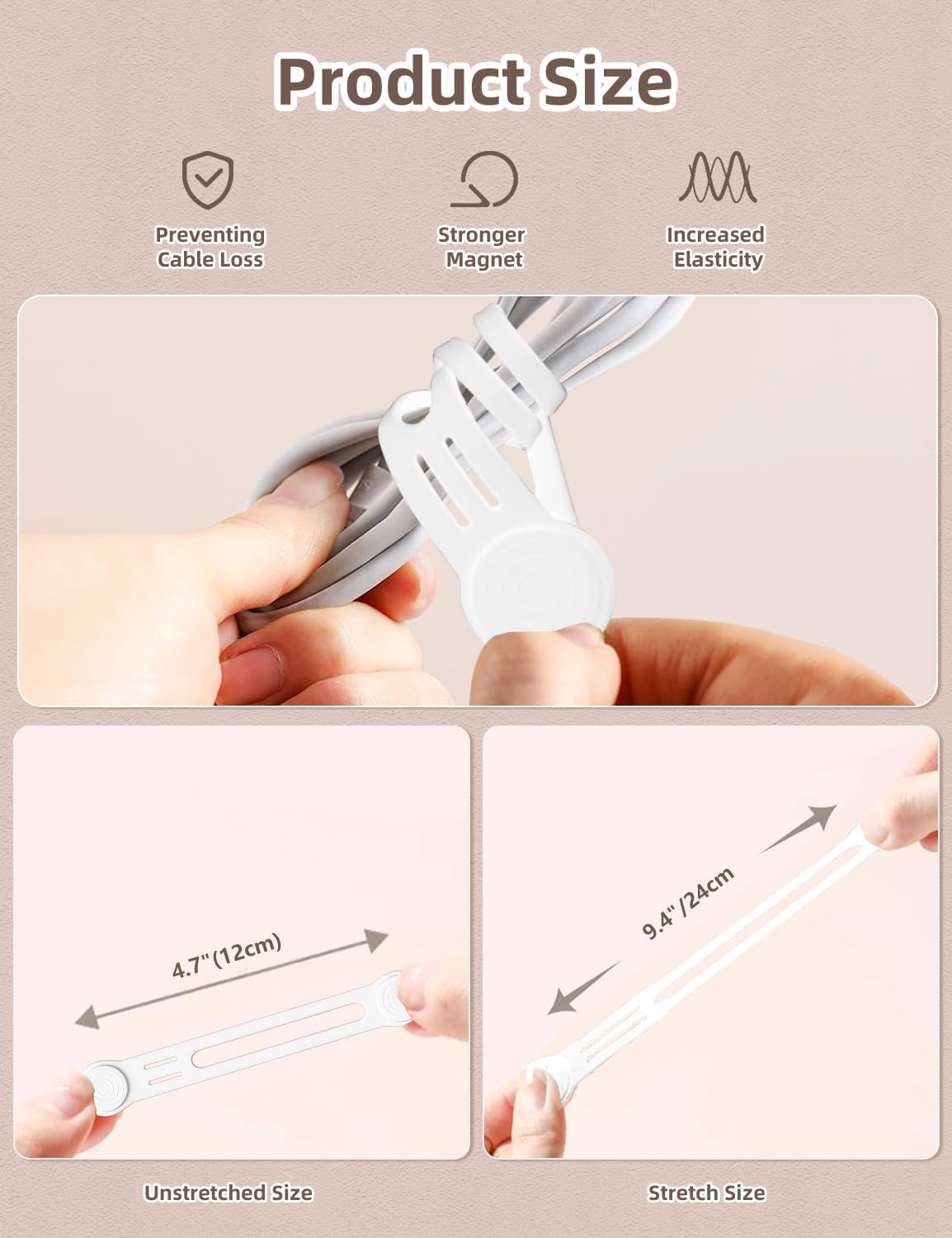 Reusable Silicone Magnetic Cord Ties - Kanemc 4.72 Inch Upgraded Twist Ties Cable Holder Cord Management, Idea For Bookmark, Fridge Magnet, Keychain, Magnetic Hat Clip For Travel (8 Pack, White)