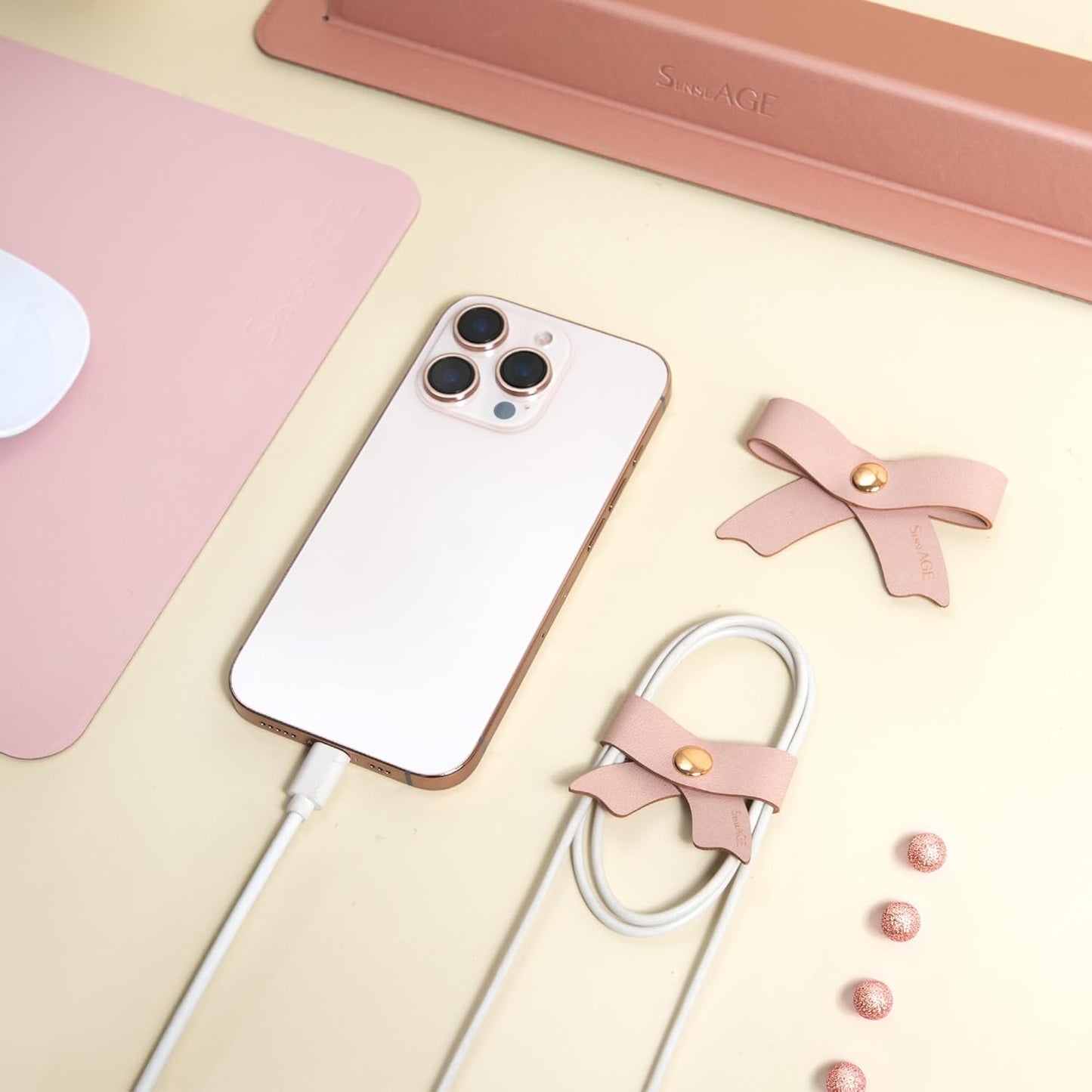 SenseAGE 5 Pack Cord Organizer, Bow Cord Keeper, Cable Organizer USB Holder, Leather Cable Management, Cable Straps, Earphone Winder, Storage Straps for Electronics, Earbuds (Dusty Rose, Small)