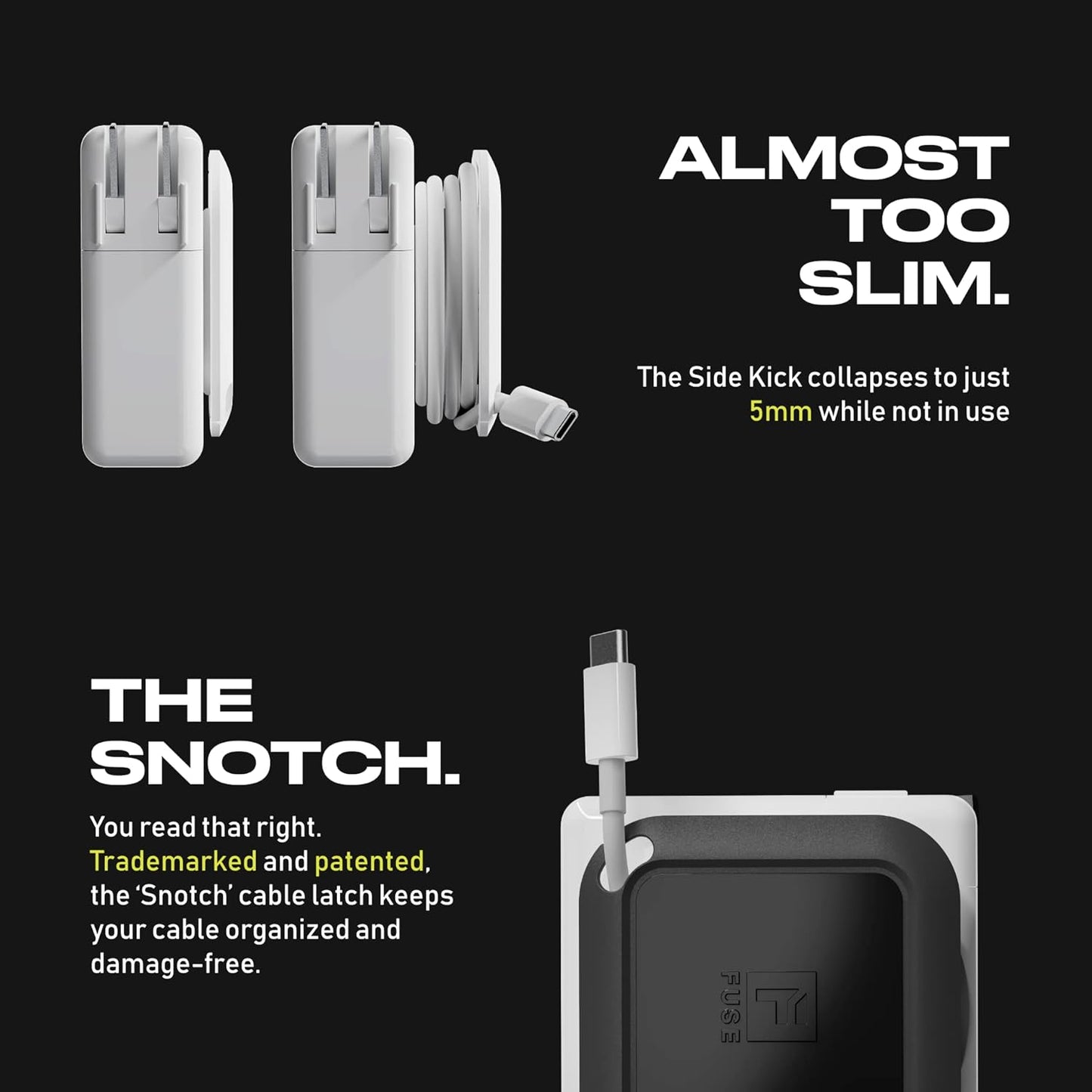 Fuse Reel The Side Kick Collapsible Charger Organizer and Travel Accessory,Usb-c, Compatible with MacBook and PC Charging Cords and Adapter Cable Management White