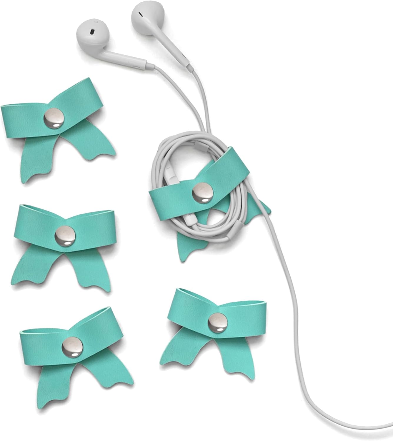 SenseAGE 5 Pack Cord Organizer, Bow Cord Keeper, Cable Organizer USB Holder, Leather Cable Management, Cable Straps, Earphone Winder, Storage Straps for Electronics, Earbuds, Small, Mint