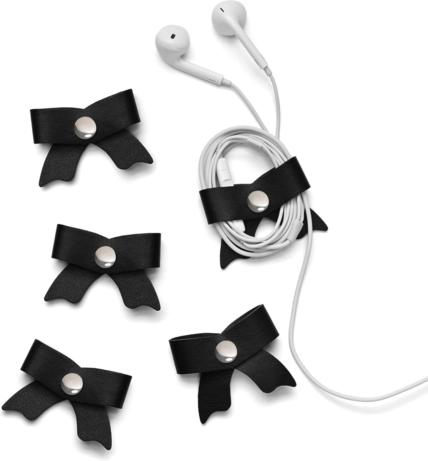 SenseAGE 5 Pack Cord Organizer, Bow Cord Keeper, Cable Organizer USB Holder, Leather Cable Management, Cable Straps, Earphone Winder, Storage Straps for Electronics, Earbuds, Small, Black