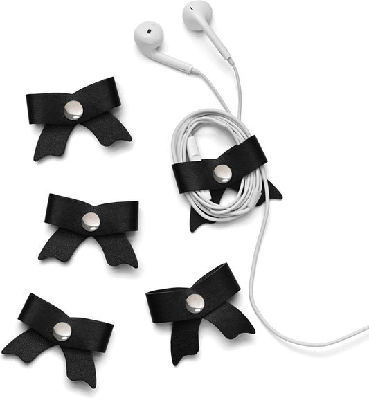 SenseAGE 5 Pack Cord Organizer, Bow Cord Keeper, Cable Organizer USB Holder, Leather Cable Management, Cable Straps, Earphone Winder, Storage Straps for Electronics, Earbuds, Small, Black