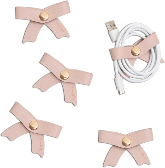 SenseAGE 5 Pack Cord Organizer, Bow Cord Keeper, Cable Organizer USB Holder, Leather Cable Management, Cable Straps, Earphone Winder, Storage Straps for Electronics, Earbuds (Dusty Rose, Big)