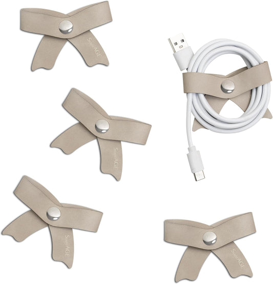 SenseAGE 5 Pack Cord Organizer, Bow Cord Keeper, Cable Organizer USB Holder, Leather Cable Management, Cable Straps, Earphone Winder, Storage Straps for Electronics, Earbuds (Moonlight Grey, Big)