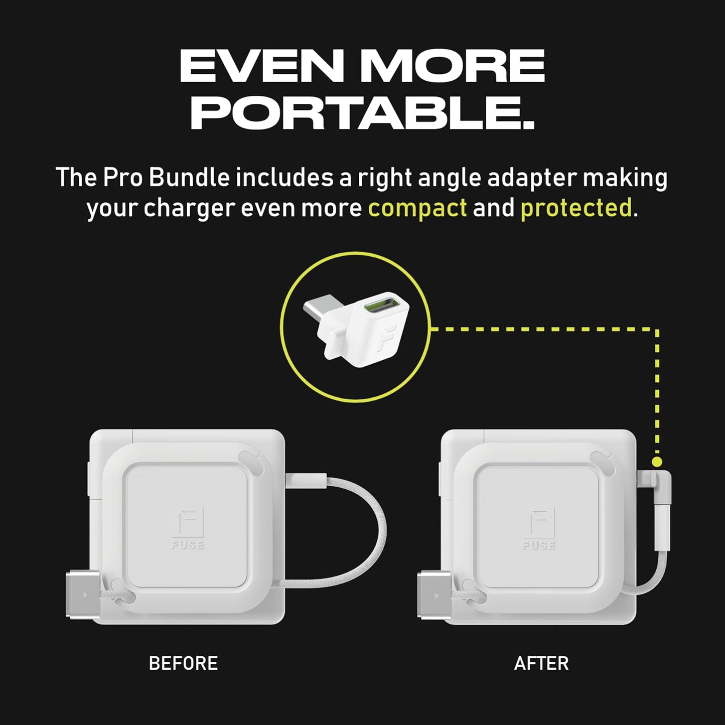 Fuse Reel The Side Kick Collapsible Charger Organizer With USB-C Right Angle Adapter Compatible with MacBook and PC charging cords and adapter cable management best computer winder (White w/Adapter)