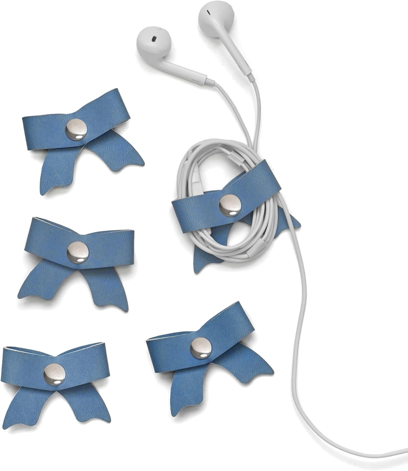 SenseAGE 5 Pack Cord Organizer, Bow Cord Keeper, Cable Organizer USB Holder, Leather Cable Management, Cable Straps, Earphone Winder, Storage Straps for Electronics, Earbuds, Small, Random Blue