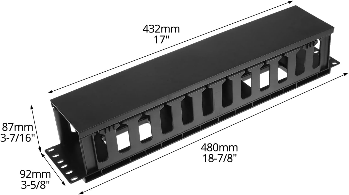QWORK 4 Pack 2U Horizontal Rack Mount Cable Management Organizer, 19x3.5x3.4 Inches, Black Quality Plastic with 12 Slots