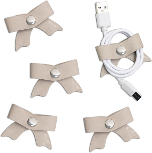 SenseAGE 5 Pack Cord Organizer, Bow Cord Keeper, Cable Organizer USB Holder, Leather Cable Management, Cable Straps, Earphone Winder, Storage Straps for Electronics, Earbuds (Moonlight Grey, Small)