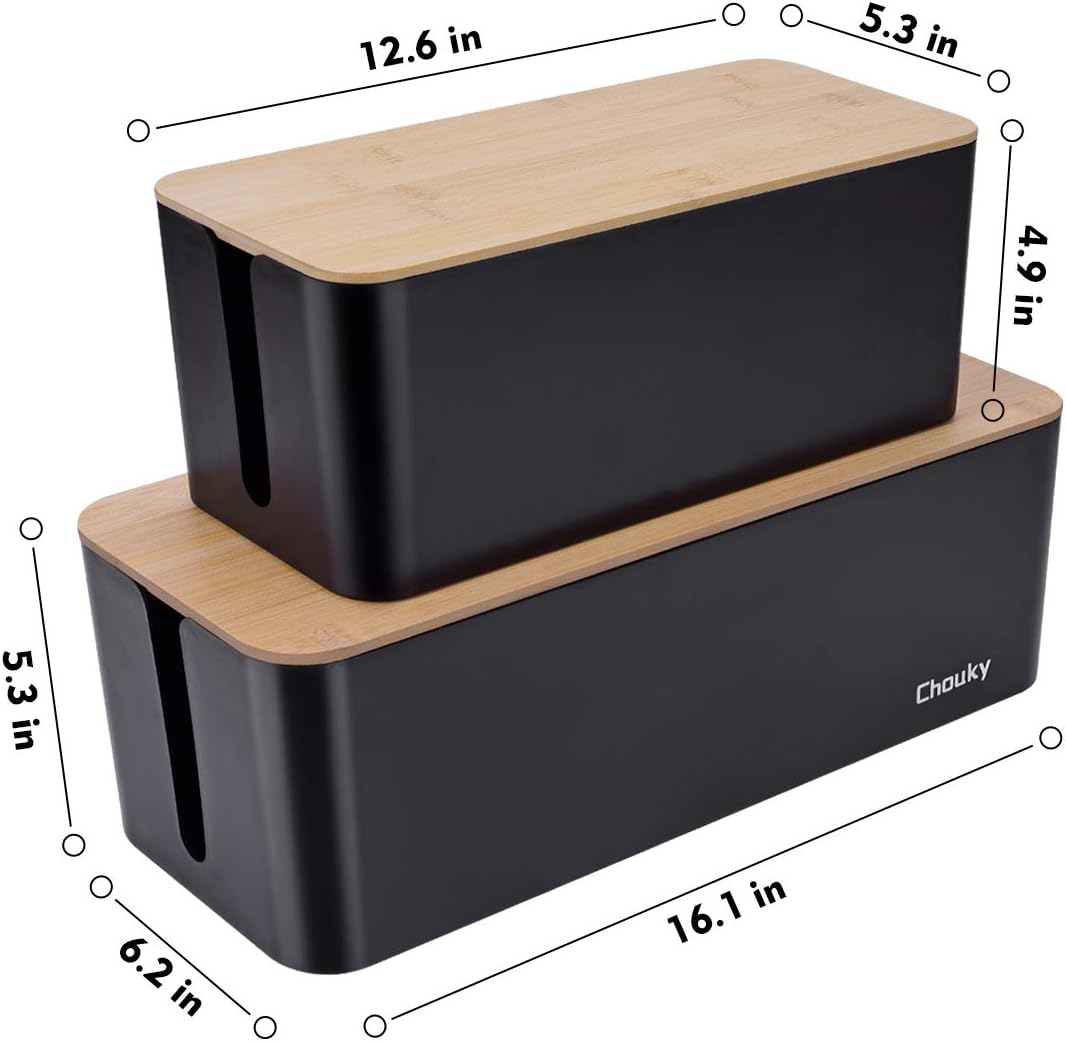 2 Pack Large Cable Management Box – Wooden Style Cord Organizer Box and Cover for TV Wires, Computer, Router, USB Hub and Under Desk Power Strip – Safe ABS Material and Baby-Pets Proof Lock (Black)