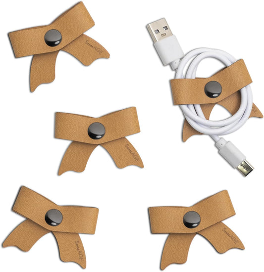 SenseAGE 5 Pack Cord Organizer, Bow Cord Keeper, Cable Organizer USB Holder, Leather Cable Management, Cable Straps, Earphone Winder, Storage Straps for Electronics, Earbuds (Camel Brown, Small)