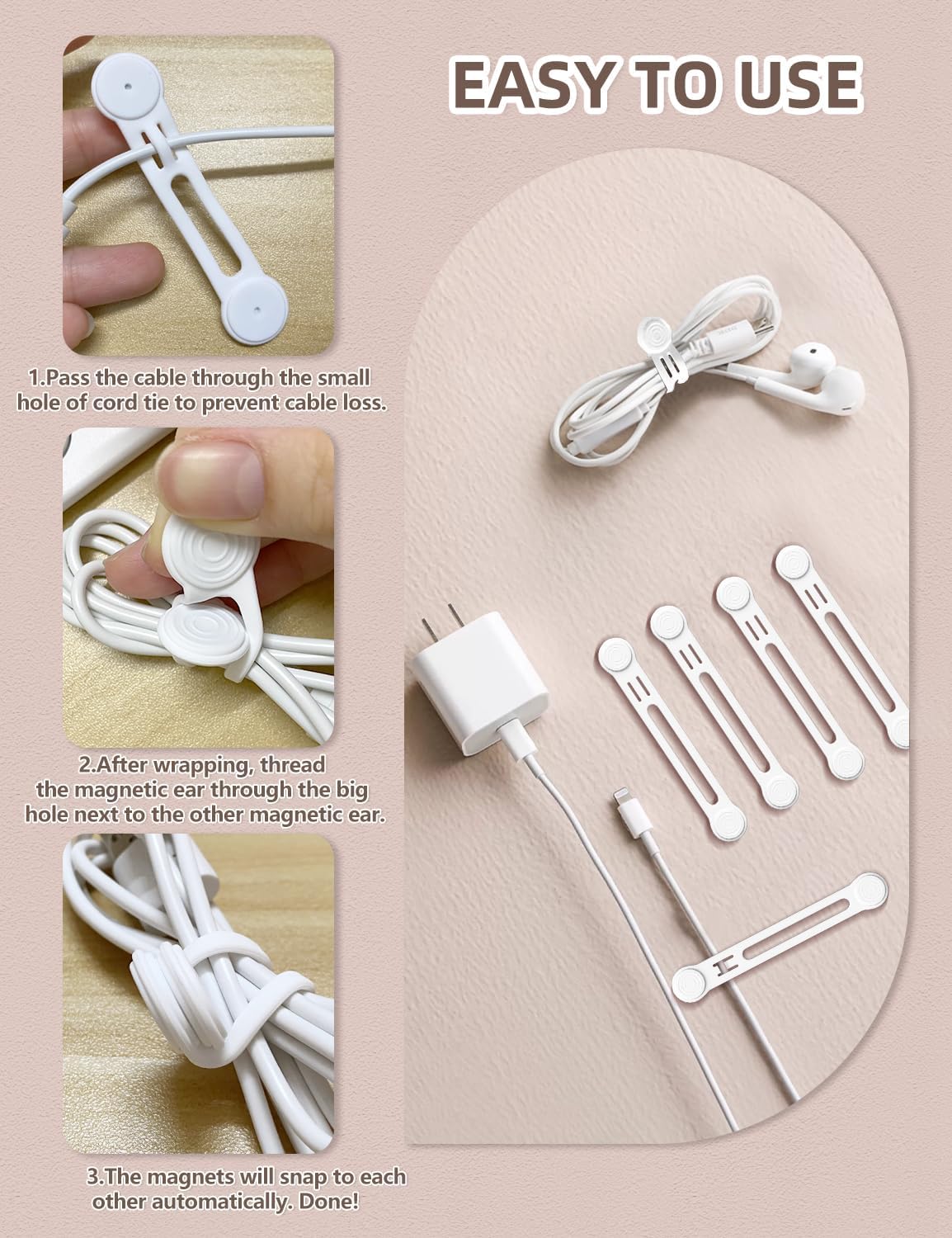 Reusable Silicone Magnetic Cord Ties - Kanemc 4.72 Inch Upgraded Twist Ties Cable Holder Cord Management, Idea For Bookmark, Fridge Magnet, Keychain, Magnetic Hat Clip For Travel (8 Pack, White)