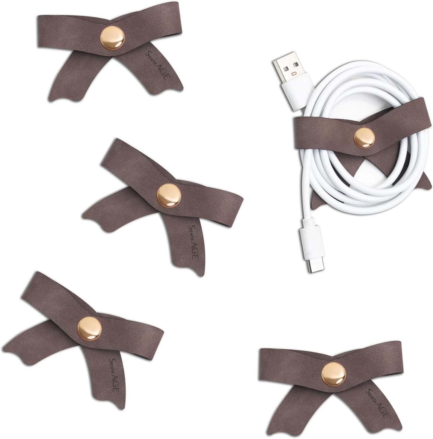 SenseAGE 5 Pack Cord Organizer, Bow Cord Keeper, Cable Organizer USB Holder, Leather Cable Management, Cable Straps, Earphone Winder, Storage Straps for Electronics, Earbuds (Choco Brown, Big)