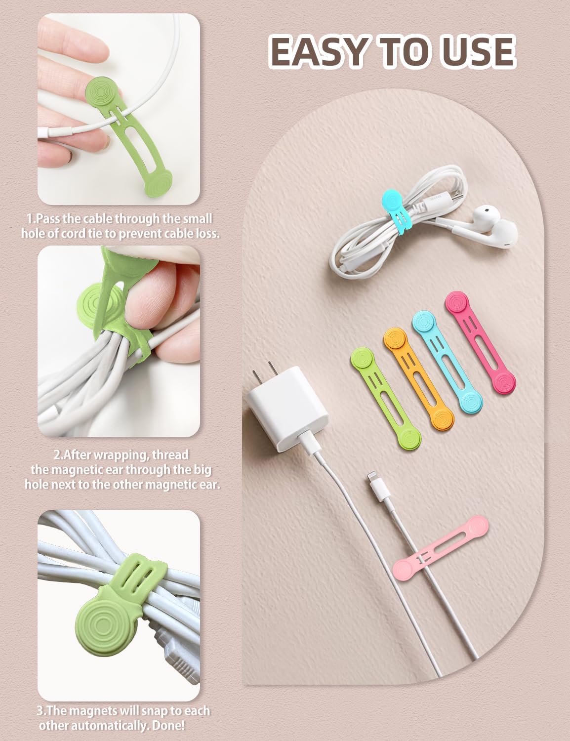 Kanemc Magnetic Cable Organizer For Cords, Cord Wrap Silicone Zip Ties Twist Ties Magnet Strap For Smartphone Charger Earphone Video Game USB C Cables (Macaron Color, S-size)