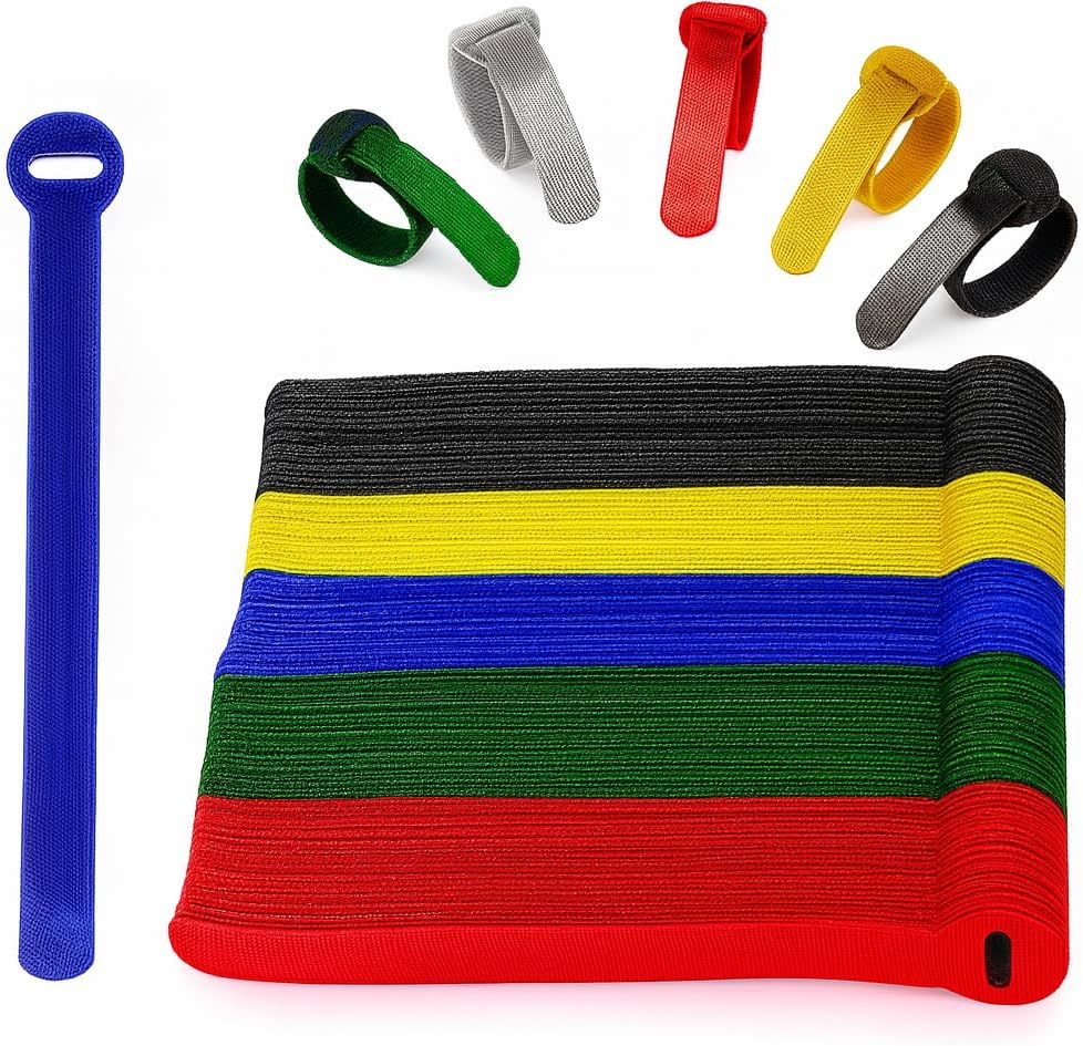 100 x Colourful Reusable Cable Ties, Cable Straps, Adjustable Cable Ties, Strong Hook and Loop Cable Straps with Buckle for TV Cables, PC Cables and Desk Organisation