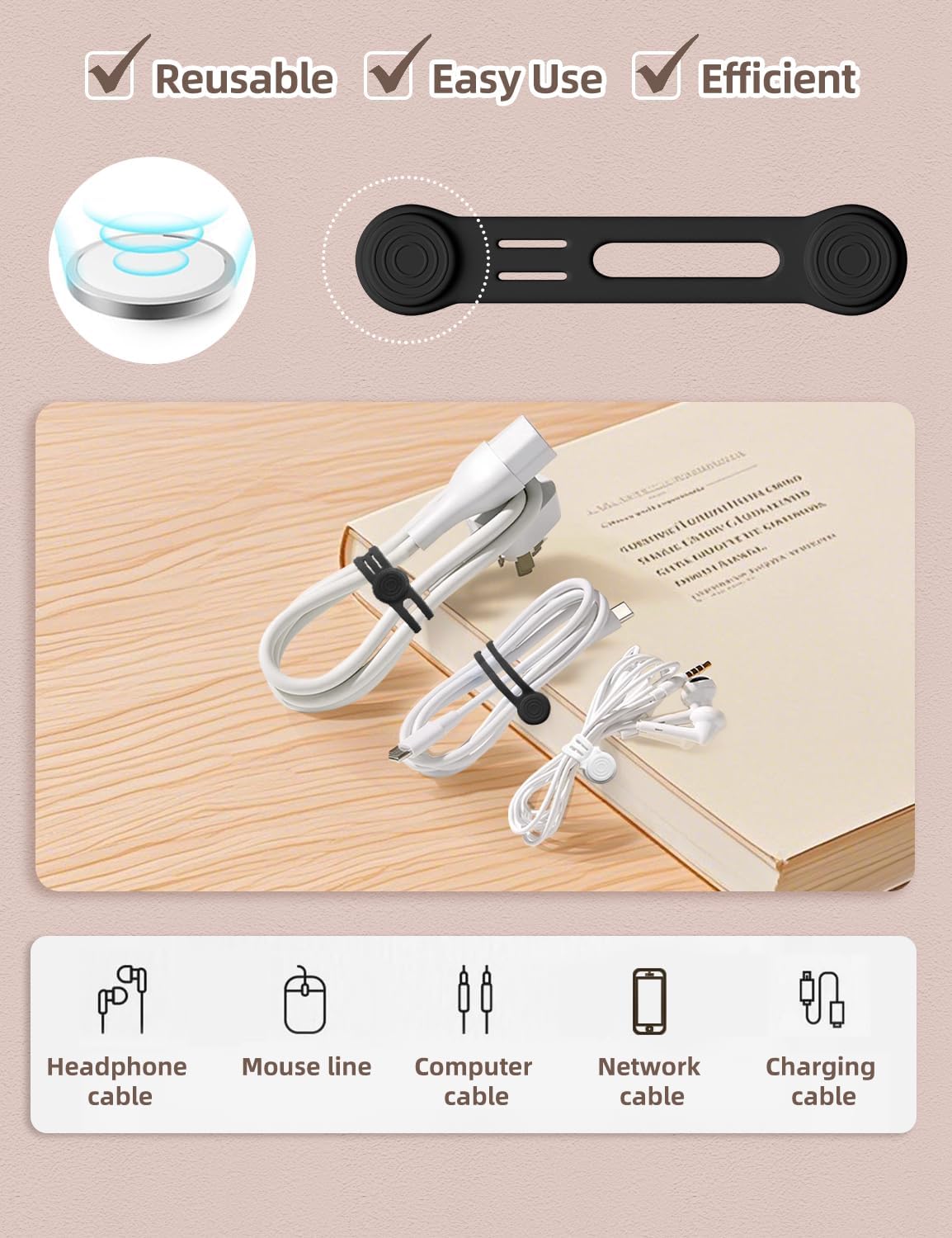 Kanemc Magnetic Ties For Cords, Cord Wrap Silicone Zip Ties Twist Ties Magnet Strap For Charging Cords Date Cable Earphone Video Game USB (8-Pack, Black And White)