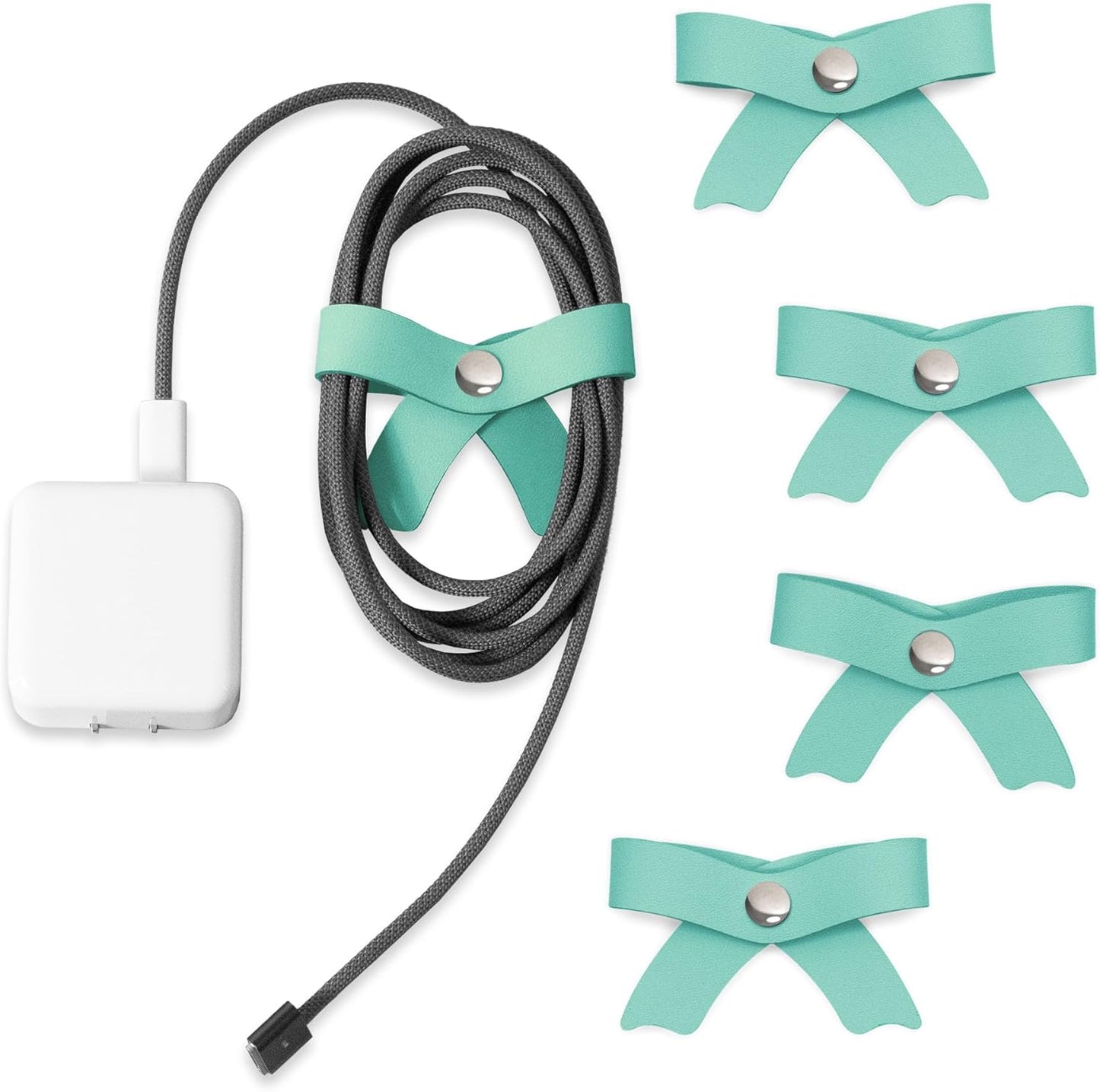 SenseAGE 5 Pack Cord Organizer, Bow Cord Keeper, Cable Organizer USB Holder, Leather Cable Management, Cable Straps, Earphone Winder, Storage Straps for Electronics, Earbuds, Big, Mint