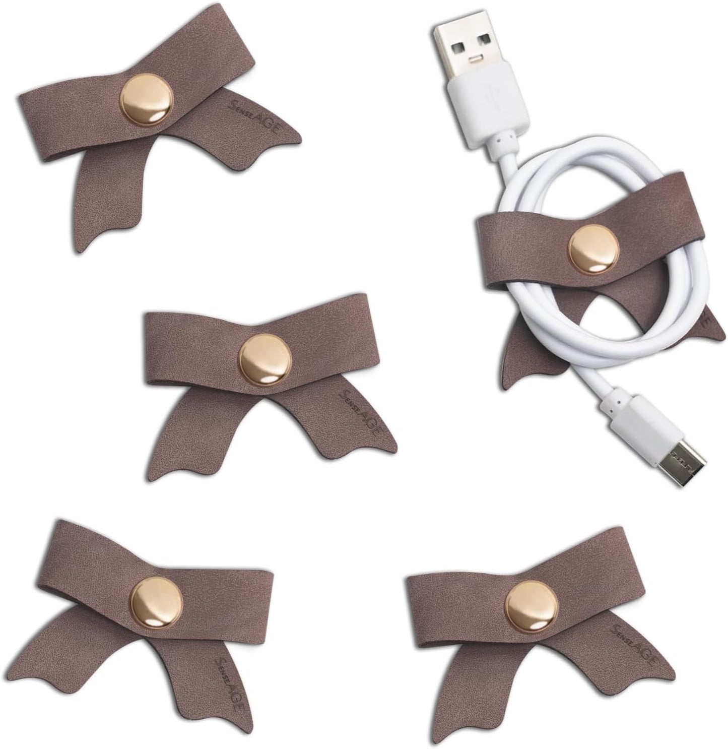 SenseAGE 5 Pack Cord Organizer, Bow Cord Keeper, Cable Organizer USB holder, Leather Cable Management, Cable Straps, Earphone winder, Storage Straps for Electronics, Earbuds (Choco Brown, Small)