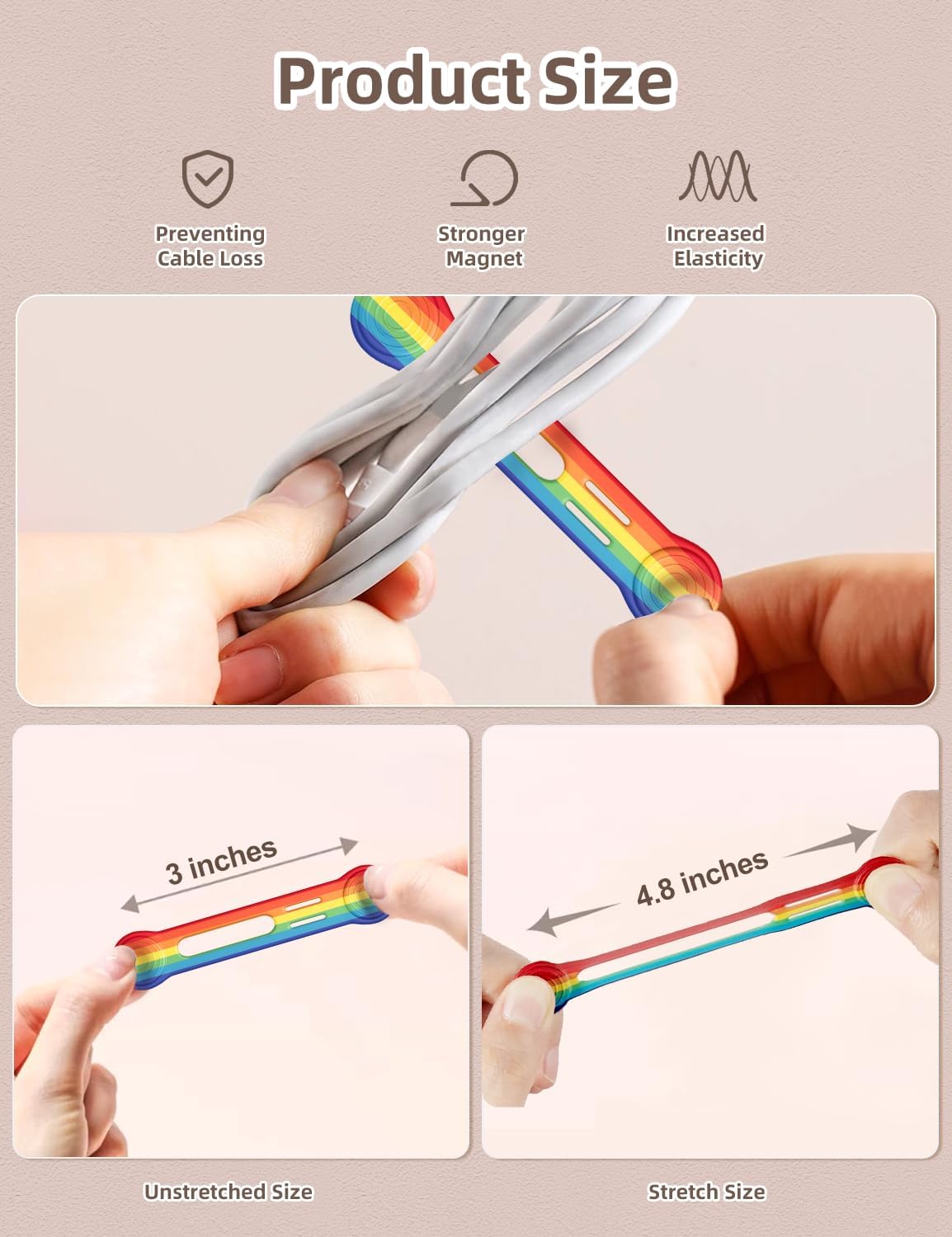 Kanemc 8 Pack Magnet Clips Cord Organizer, Rainbow Colored Reusable Cable Ties Silicone Wire Winder Straps For Travel Charging Cell Phone Cords Storage Whiteboard Markers Refrigerator Magnet