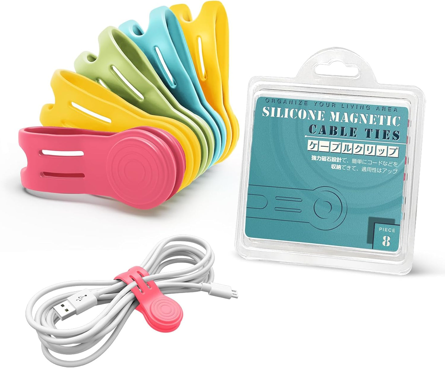 Kanemc Magnetic Cable Organizer For Cords, Cord Wrap Silicone Zip Ties Twist Ties Magnet Strap For Smartphone Charger Earphone Video Game USB C Cables (Macaron Color, S-size)