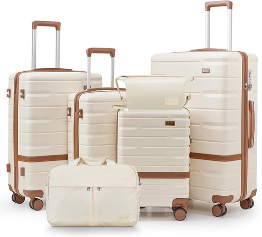Luggage Sets Lightweight Hard Shell Suitcases with Spinner Wheels for Family Travel - Durable PC+ABS Material Carry On Luggage YKK Zippers (Beige, 6 Piece Sets (18/20/24/28/DB/TB))