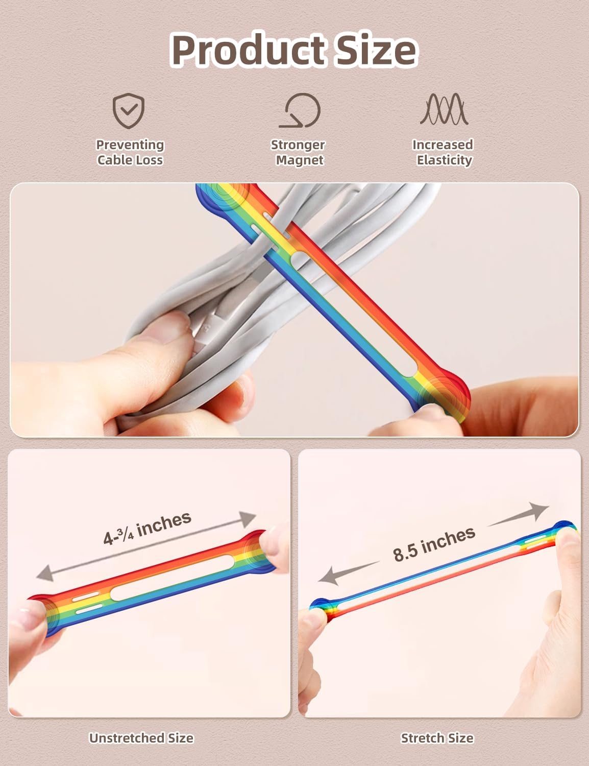 Kanemc Magnetic Cable Tie, 4.72'' Cord Ties Magnet Cable Straps Cord Wrap For Travel Phone USB Charging Cable Management Whiteboard Markers (8Pcs, Rainbow Color)