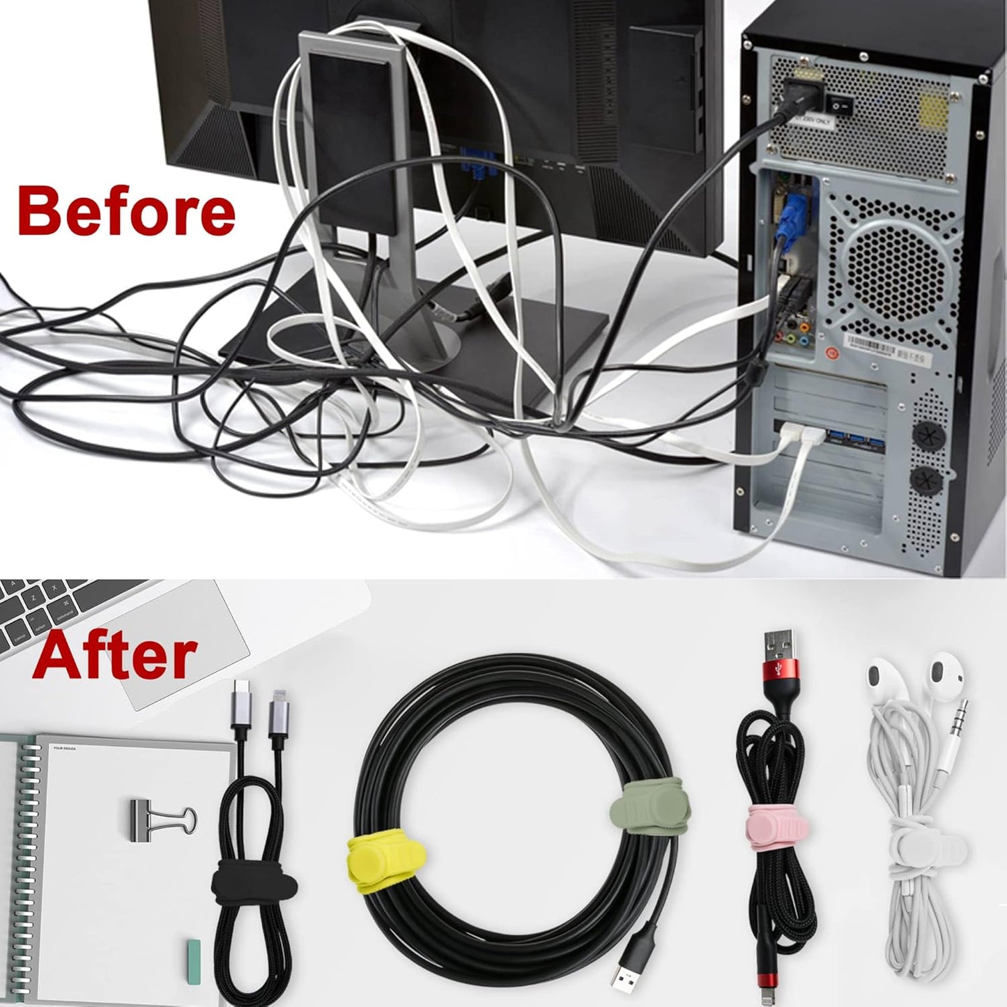 Nearockle 100Pcs Silicone Cable Ties Cord Organizer for Bundling Earphone, Phone Charger, Computer Cords, Reusable Cable Ties Wire Organizer in Home,Office,Kitchen,School (5 Colors)