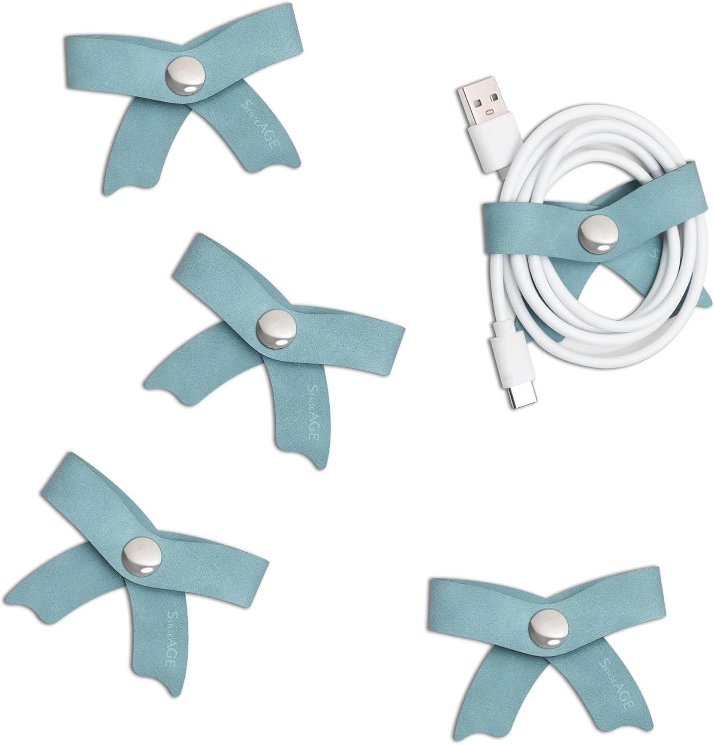 SenseAGE 5 Pack Cord Organizer, Bow Cord Keeper, Cable Organizer USB Holder, Leather Cable Management, Cable Straps, Earphone Winder, Storage Straps for Electronics, Earbuds (Baby Blue, Big)