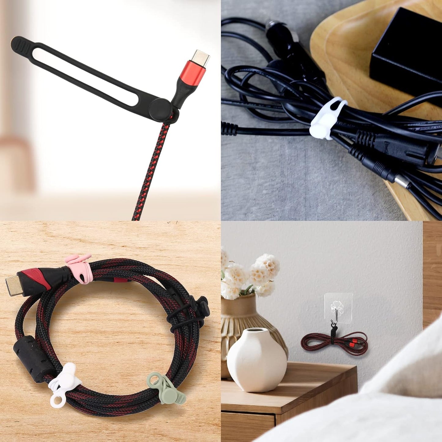 20pcs Silicone Cable Ties,Reusable Cable Management Organizer, Wire Ties，Travel Cord Ties，Cord Organizer for Bundling Cable Cords in Home,Office,Kitchen,School(White Black)