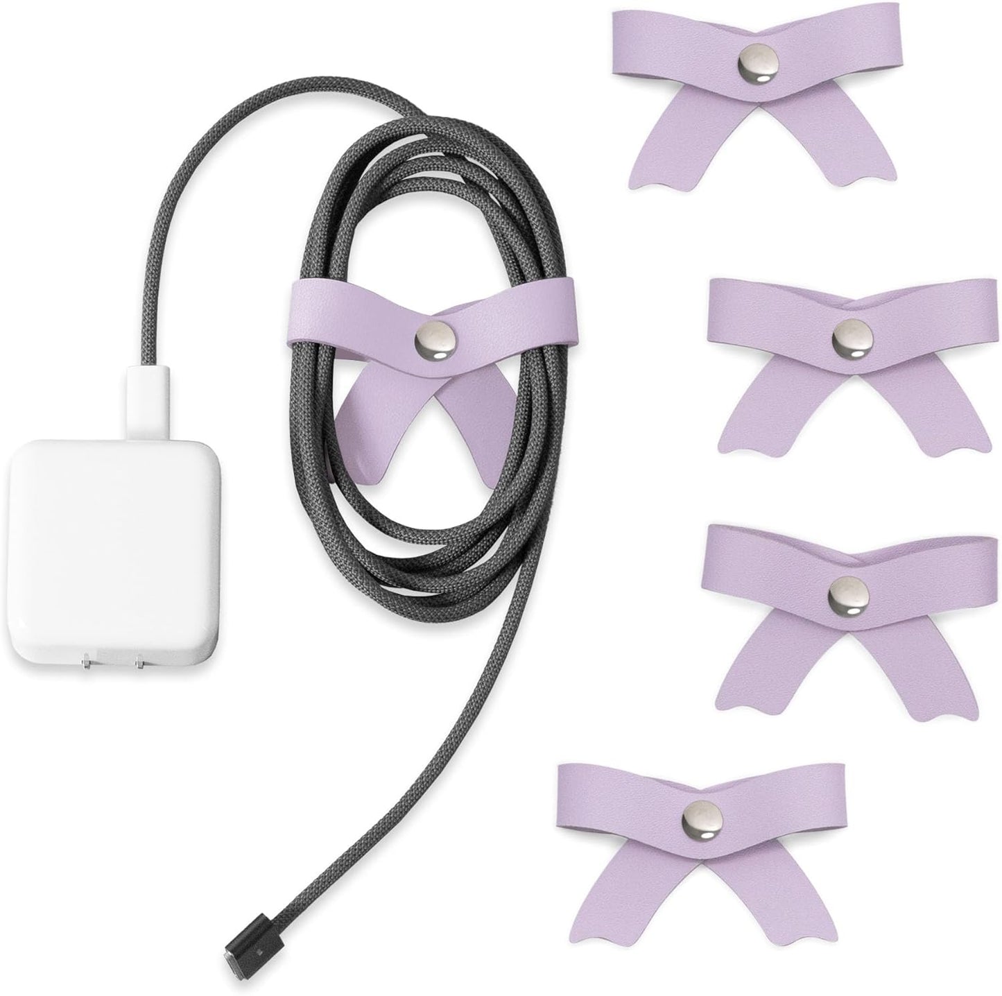SenseAGE 5 Pack Cord Organizer, Bow Cord Keeper, Cable Organizer USB Holder, Leather Cable Management, Cable Straps, Earphone Winder, Storage Straps for Electronics, Earbuds, Big, Purple