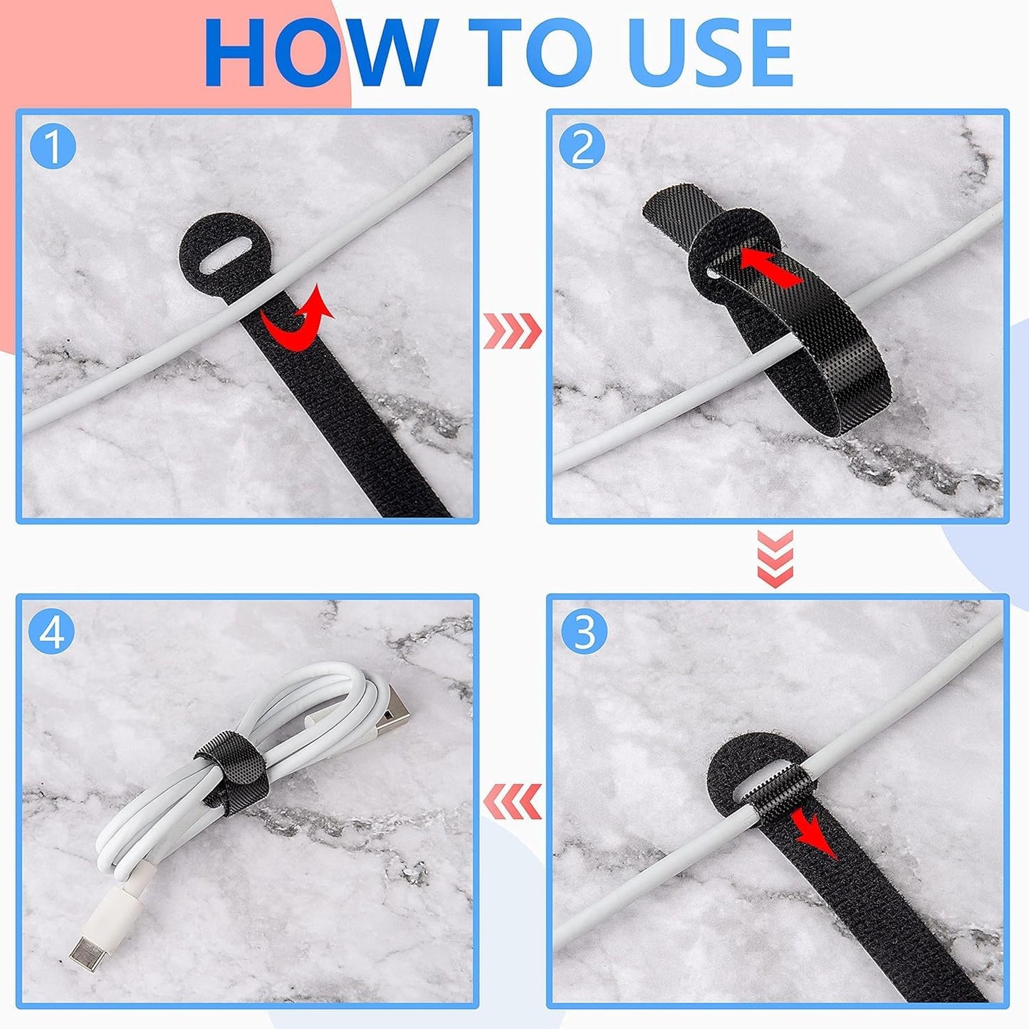 100 x Colourful Reusable Cable Ties, Cable Straps, Adjustable Cable Ties, Strong Hook and Loop Cable Straps with Buckle for TV Cables, PC Cables and Desk Organisation