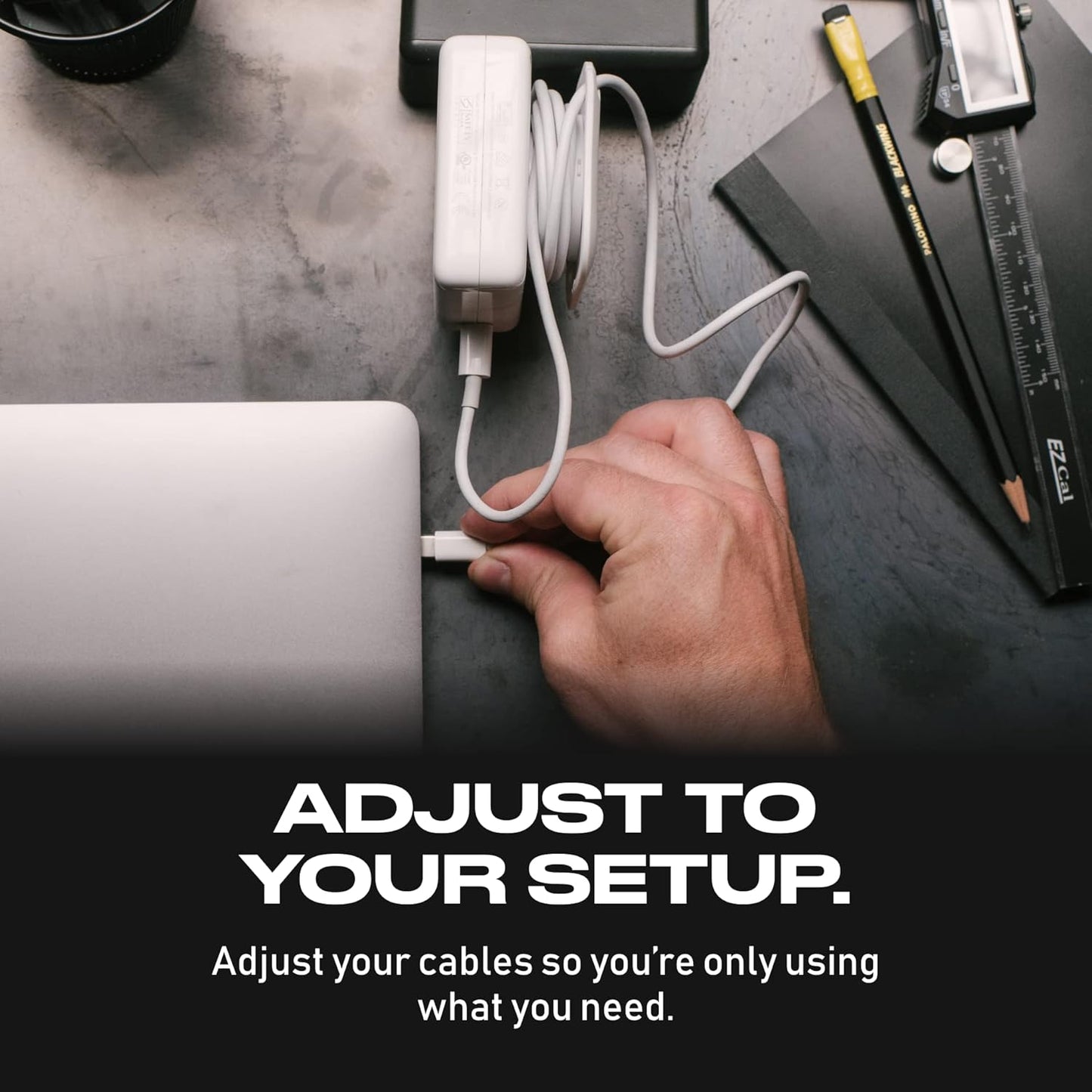 Fuse Reel The Side Kick Collapsible Charger Organizer With USB-C Right Angle Adapter Compatible with MacBook and PC charging cords and adapter cable management best computer winder (White w/Adapter)