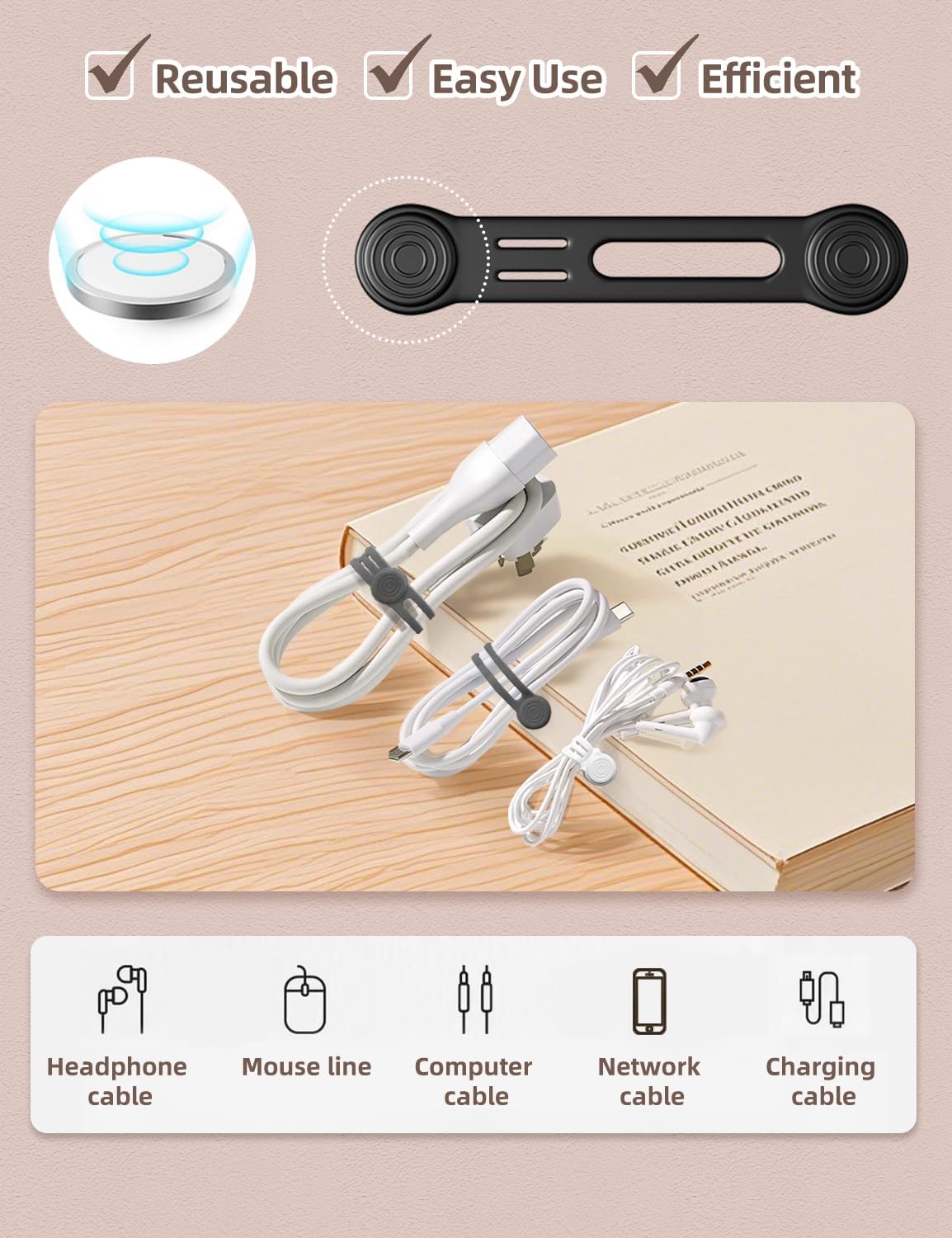 Kanemc 8 Pack Magnetic Twist Ties, Silicone Cord Organizer Magnet Reusable Cable Straps For USB Earphone Charger Video Computer Cables (4Black+2White+2Grey)