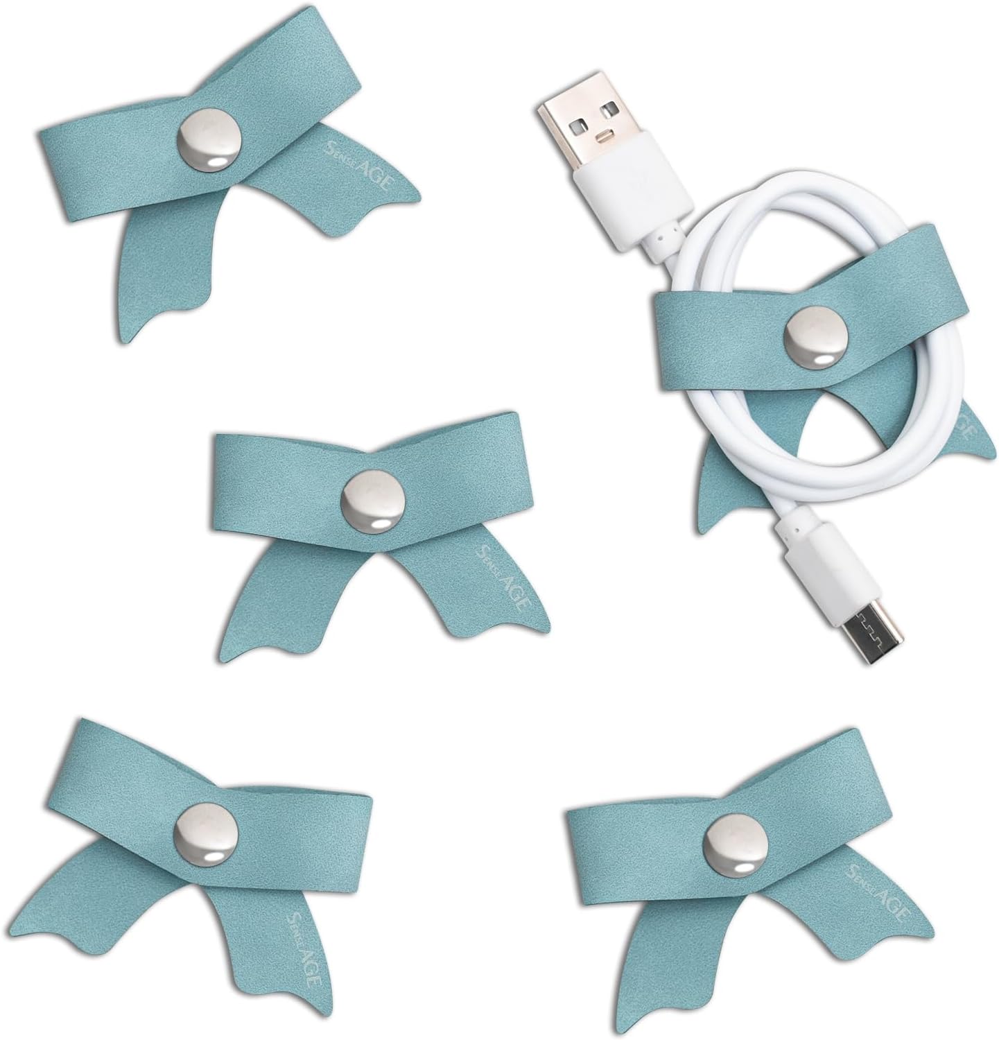 SenseAGE 5 Pack Cord Organizer, Bow Cord Keeper, Cable Organizer USB holder, Leather Cable Management, Cable Straps, Earphone winder, Storage Straps for Electronics, Earbuds (Baby Blue, Small)