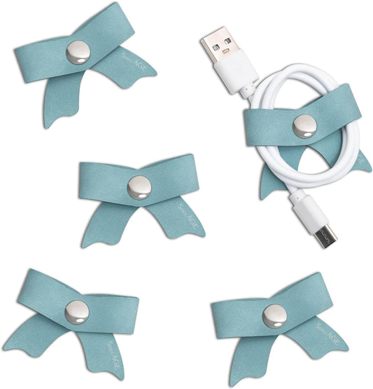 SenseAGE 5 Pack Cord Organizer, Bow Cord Keeper, Cable Organizer USB holder, Leather Cable Management, Cable Straps, Earphone winder, Storage Straps for Electronics, Earbuds (Baby Blue, Small)