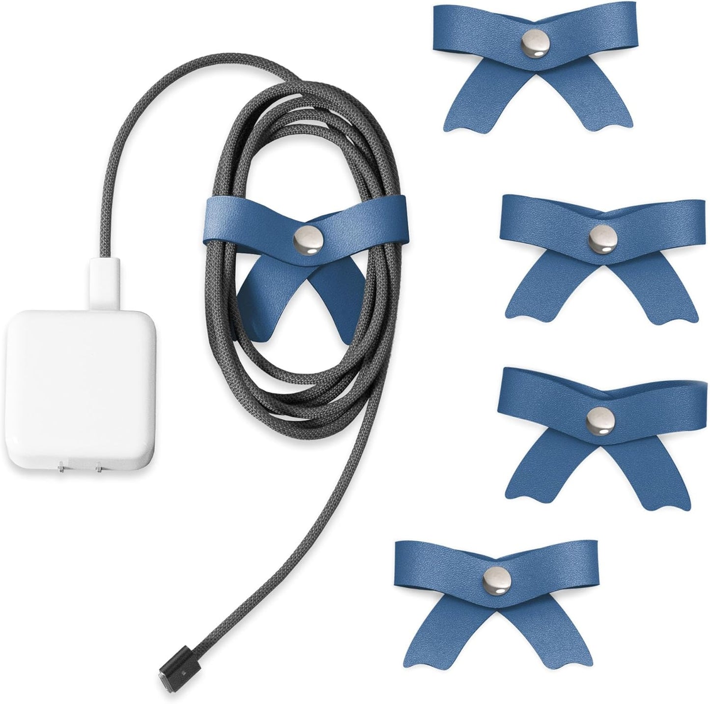 SenseAGE 5 Pack Cord Organizer, Bow Cord Keeper, Cable Organizer USB Holder, Leather Cable Management, Cable Straps, Earphone Winder, Storage Straps for Electronics, Earbuds, Big, Random Blue