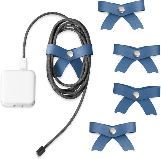 SenseAGE 5 Pack Cord Organizer, Bow Cord Keeper, Cable Organizer USB Holder, Leather Cable Management, Cable Straps, Earphone Winder, Storage Straps for Electronics, Earbuds, Big, Random Blue