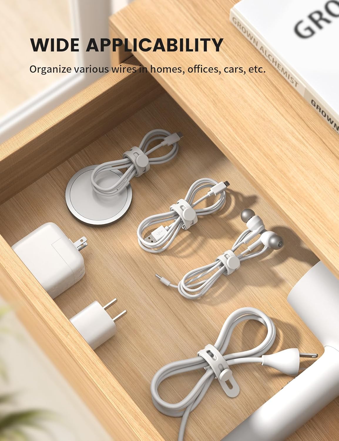 10Pack Silicone Cable Ties Cord Organizer - Lamicall Elastic Wire Ties Management, Travel Must Haves, Halloween Desk Home Office Workspace Accessories, Dorm Room Essentials, White Cable Keeper