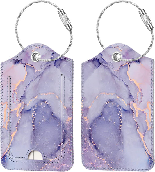 Fintie Luggage Tags, Privacy Cover ID Label with Stainless Steel Loop and Address Card for Travel Bag Suitcase - Lilac Marble (2 Piece)