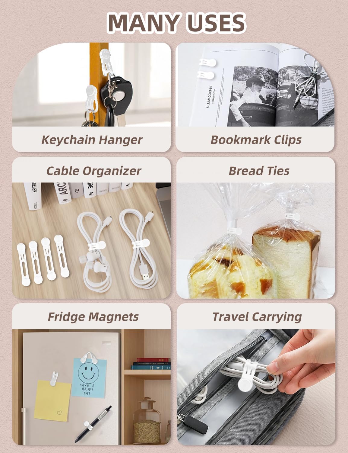 Magnetic Cord Ties Organizers, Kanemc Silicone Cable Tie Cord Wrap Reusable Twist Ties Wire Strap For Charging Cables Headphones USB Type C Cable Small Cords (8-Pack, White)