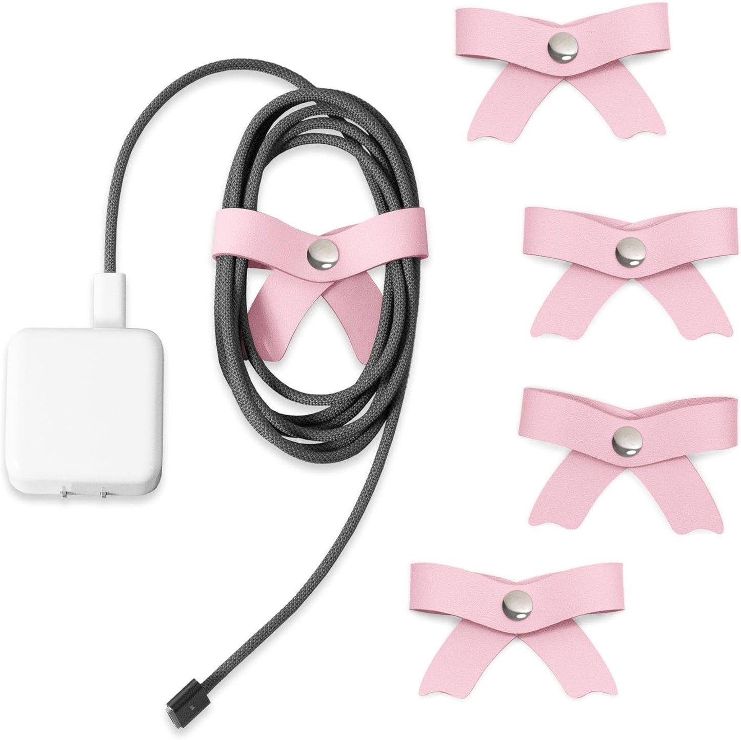 SenseAGE 5 Pack Cord Organizer, Bow Cord Keeper, Cable Organizer USB Holder, Leather Cable Management, Cable Straps, Earphone Winder, Storage Straps for Electronics, Earbuds, Big, Pink