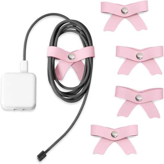 SenseAGE 5 Pack Cord Organizer, Bow Cord Keeper, Cable Organizer USB Holder, Leather Cable Management, Cable Straps, Earphone Winder, Storage Straps for Electronics, Earbuds, Big, Pink